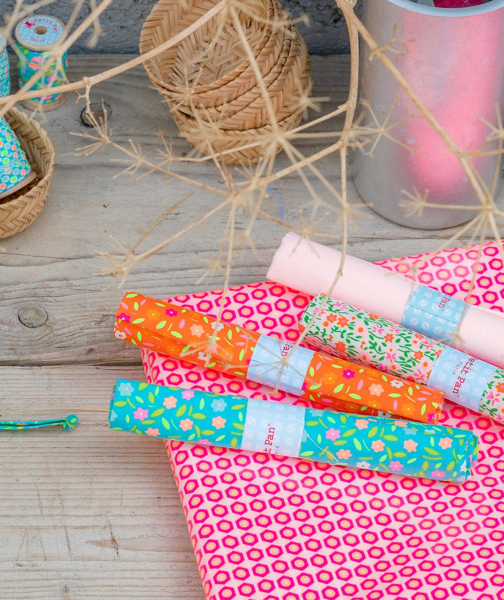 Peace and Love Azure Cotton Coupon 503 | Petit Pan | Neon Floral Print | Precut Fabric 50 x 70 cm