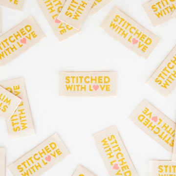 Stitched With Love Woven Labels | Sarah Hearts Labels | 8 Pack Sewing Woven Labels | Gift for Sewist or Quilter