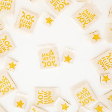 Made With Joy + Gold Stars Woven Labels | Sarah Hearts Labels | 8 Pack Sewing Woven Labels | Gift for Sewist or Quilter