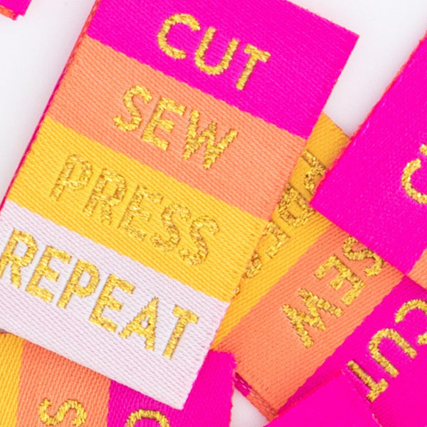 Cut Sew Press Repeat Tied with a Ribbon Woven Labels | Sarah Hearts Labels | 8 Pack Sewing Woven Labels | Perfect Gift for Sewist or Quilter