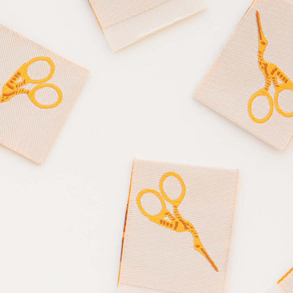 Stork Scissors Woven Labels | Sarah Hearts Labels | 8 Pack Sewing Woven Labels | Gift for Sewist or Quilter