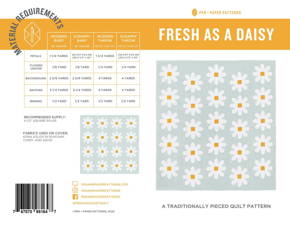 Fresh as a Daisy by Pen + Paper Patterns | Paper Pattern | Modern Quilt Pattern | Confident Beginner | Fat Quarter Friendly Quilt Pattern