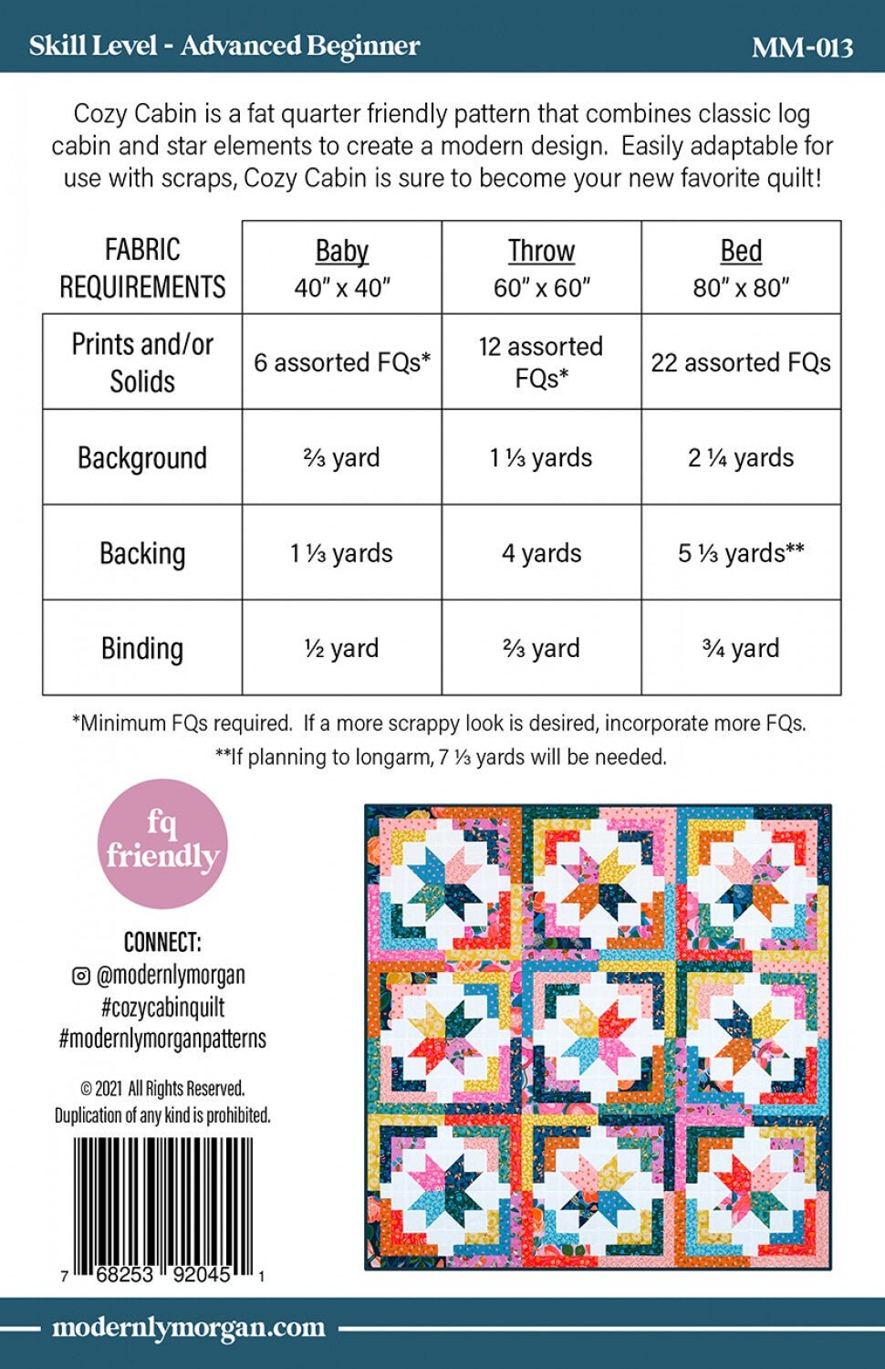 Cozy Cabin By Modernly Morgan | Paper Pattern | Modern Quilt Pattern | Advanced Beginner | Fat Quarter Friendly Quilt Pattern