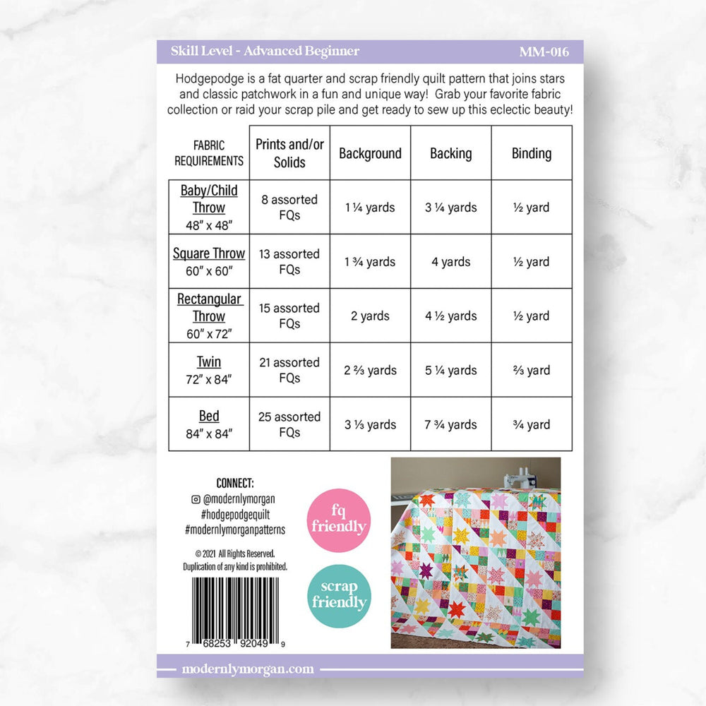 Hodgepodge By Modernly Morgan | Paper Pattern | Modern Quilt Pattern | Confident Beginner | Fat Quarter Friendly Quilt Pattern