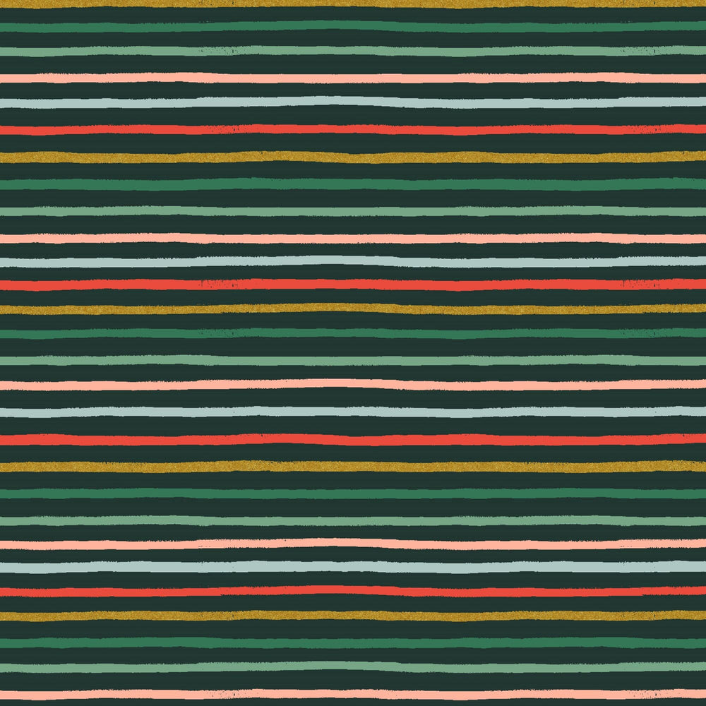 Festive Stripe Evergreen Metallic RP609-EV2M | Holiday Classics II by Rifle Paper Co | Quilting Cotton | Continuous Yardage | Fat Quarter