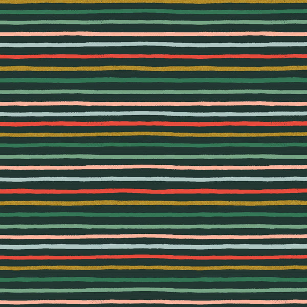 Festive Stripe Evergreen Metallic RP609-EV2M | Holiday Classics II by Rifle Paper Co | Quilting Cotton | Continuous Yardage | Fat Quarter