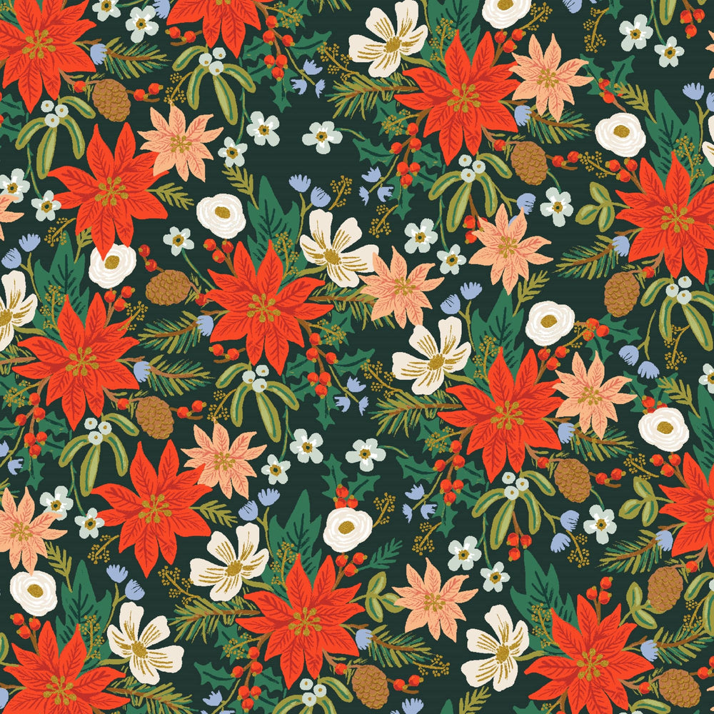 Poinsettia Bouquet Evergreen Metallic RP611-EV1M | Holiday Classics II by Rifle Paper Co | Quilting Cotton | Yardage | Fat Quarter