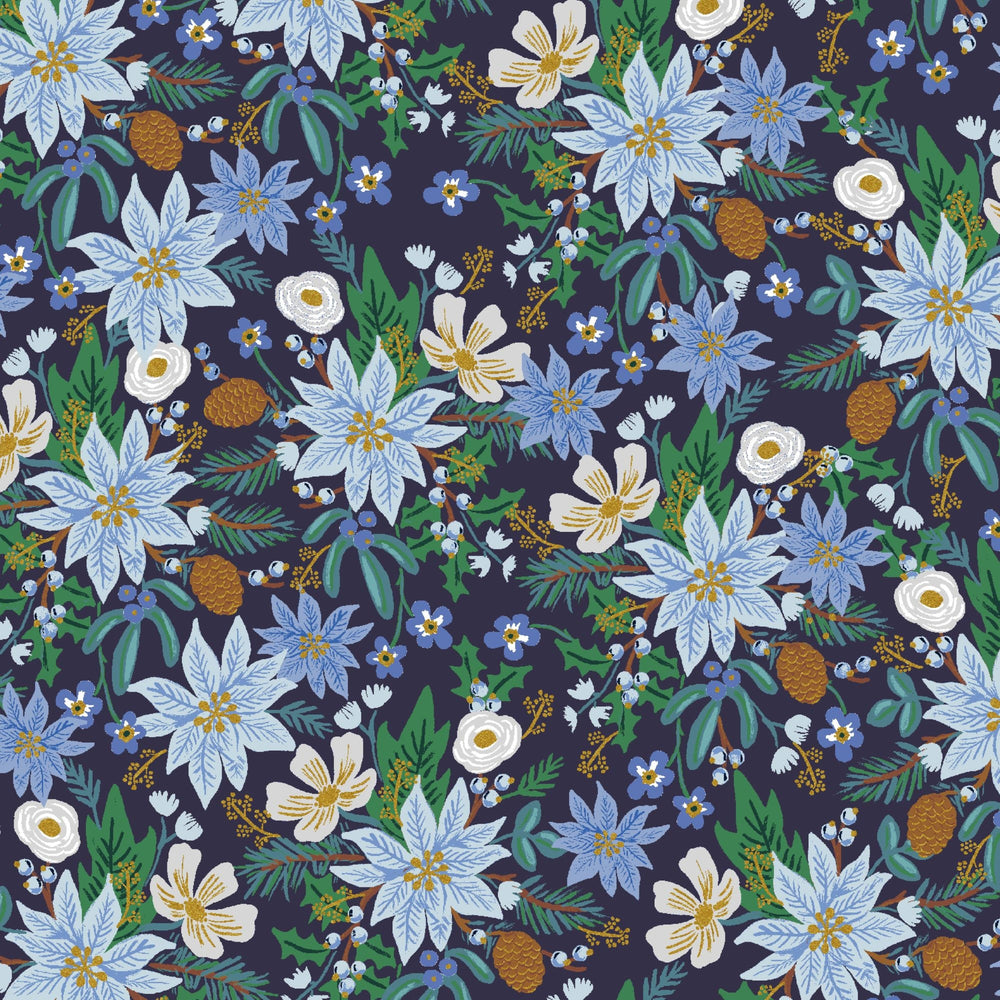 Poinsettia Bouquet Navy Metallic RP611-NA3M | Holiday Classics II by Rifle Paper Co | Quilting Cotton | Yardage | Fat Quarter