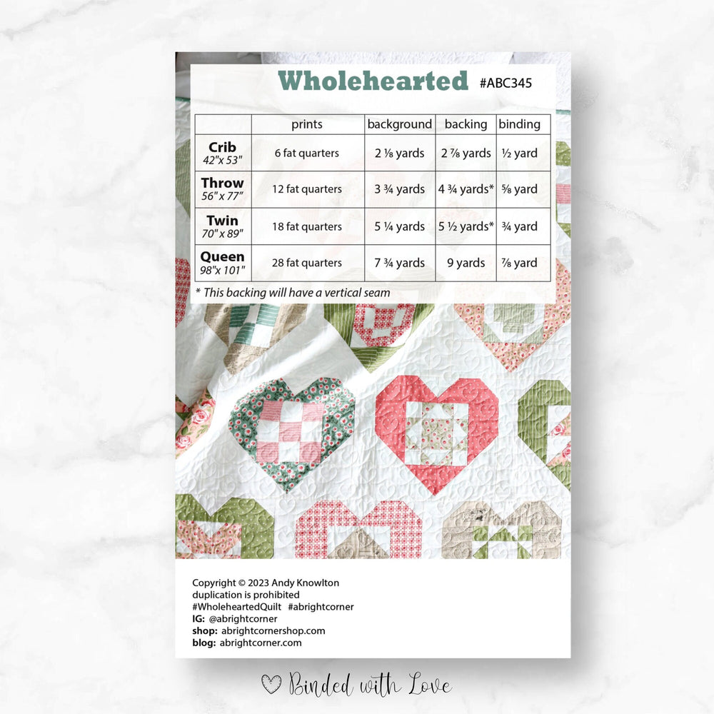 Wholehearted Quilt Pattern by A Bright Corner | Paper Pattern | Confident Beginner Skill Quilt Pattern | Modern Quilt Pattern