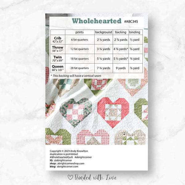 Wholehearted Quilt Pattern by A Bright Corner | Paper Pattern | Confident Beginner Skill Quilt Pattern | Modern Quilt Pattern