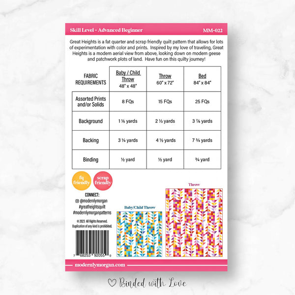 Great Heights Quilt By Modernly Morgan | Paper Pattern | Modern Quilt Pattern | Confident Beginner | Fat Quarter Friendly Quilt Pattern