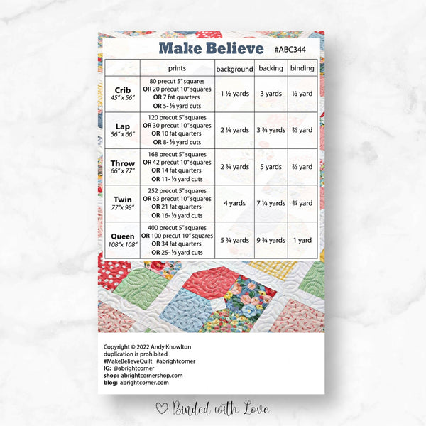 Make Believe Quilt Pattern by A Bright Corner | Paper Pattern | Confident Beginner Skill Quilt Pattern | Modern Quilt Pattern