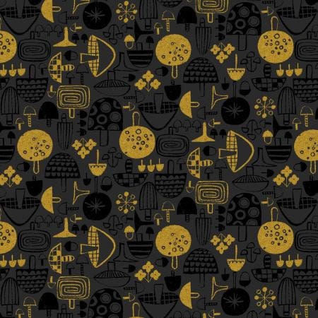 Kinoko Ippai Black Unbleached Metallic HO302-BK5UM | Nightfall Collaborative by Cotton + Steel | Continuous Yardage | Fat Quarter