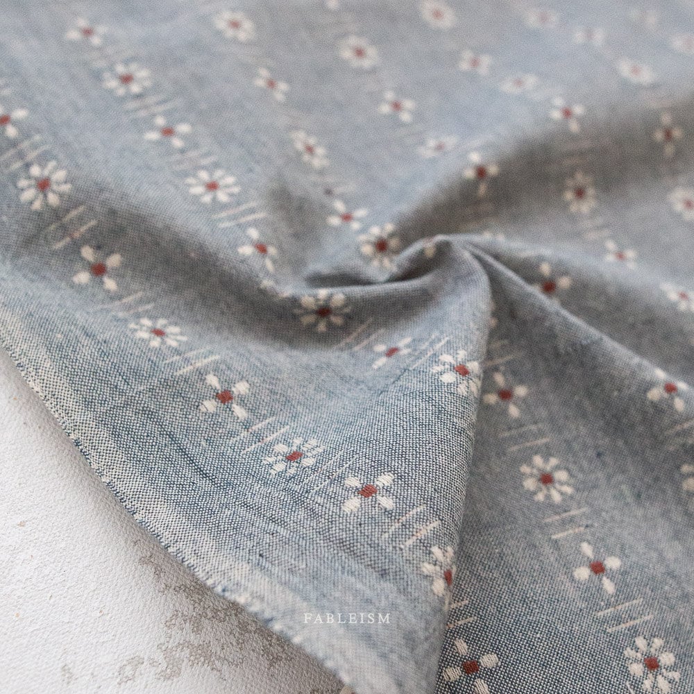 Daisies in Denim FOR-DAI-12-DENIM | Forest Forage by Fableism Supply Co. | Continuous Yardage | Fat Quarter | Yarn Dyed Wovens