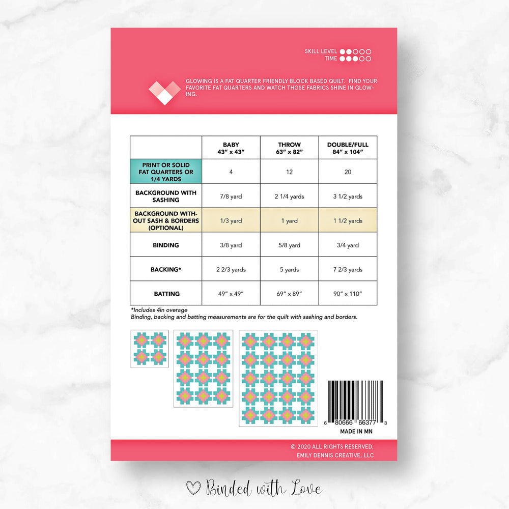 Glowing By Quilty Love | Printed Paper Pattern | Modern Quilt Pattern | Confident Beginner | Fat Quarter Friendly Quilt Pattern