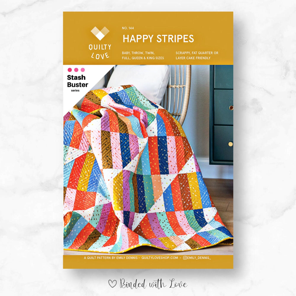 Happy Stipes Quilt Pattern By Quilty Love | Printed Paper Pattern | Modern Quilt Pattern | Confident Beginner | Fat Quarter Friendly Pattern