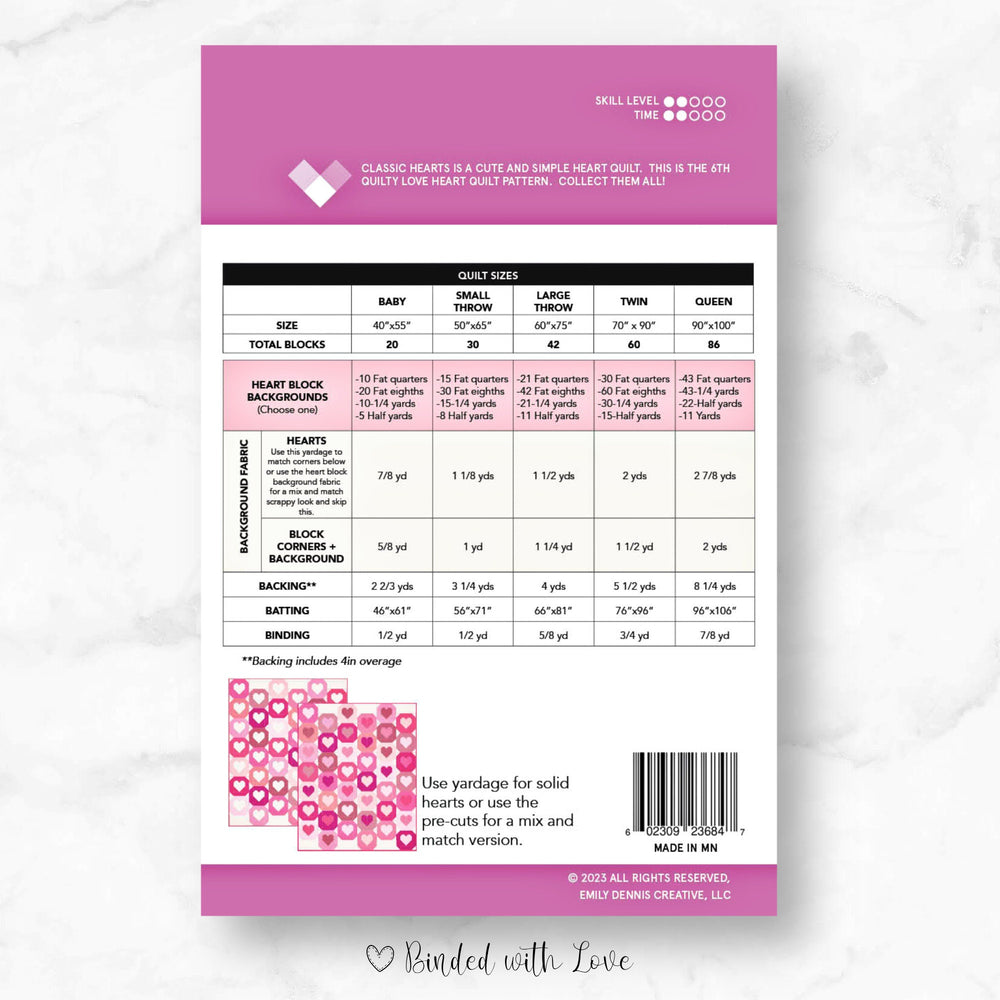 Classic Hearts By Quilty Love | Printed Paper Pattern | Modern Quilt Pattern | Beginner | Fat Quarter Friendly Quilt Pattern